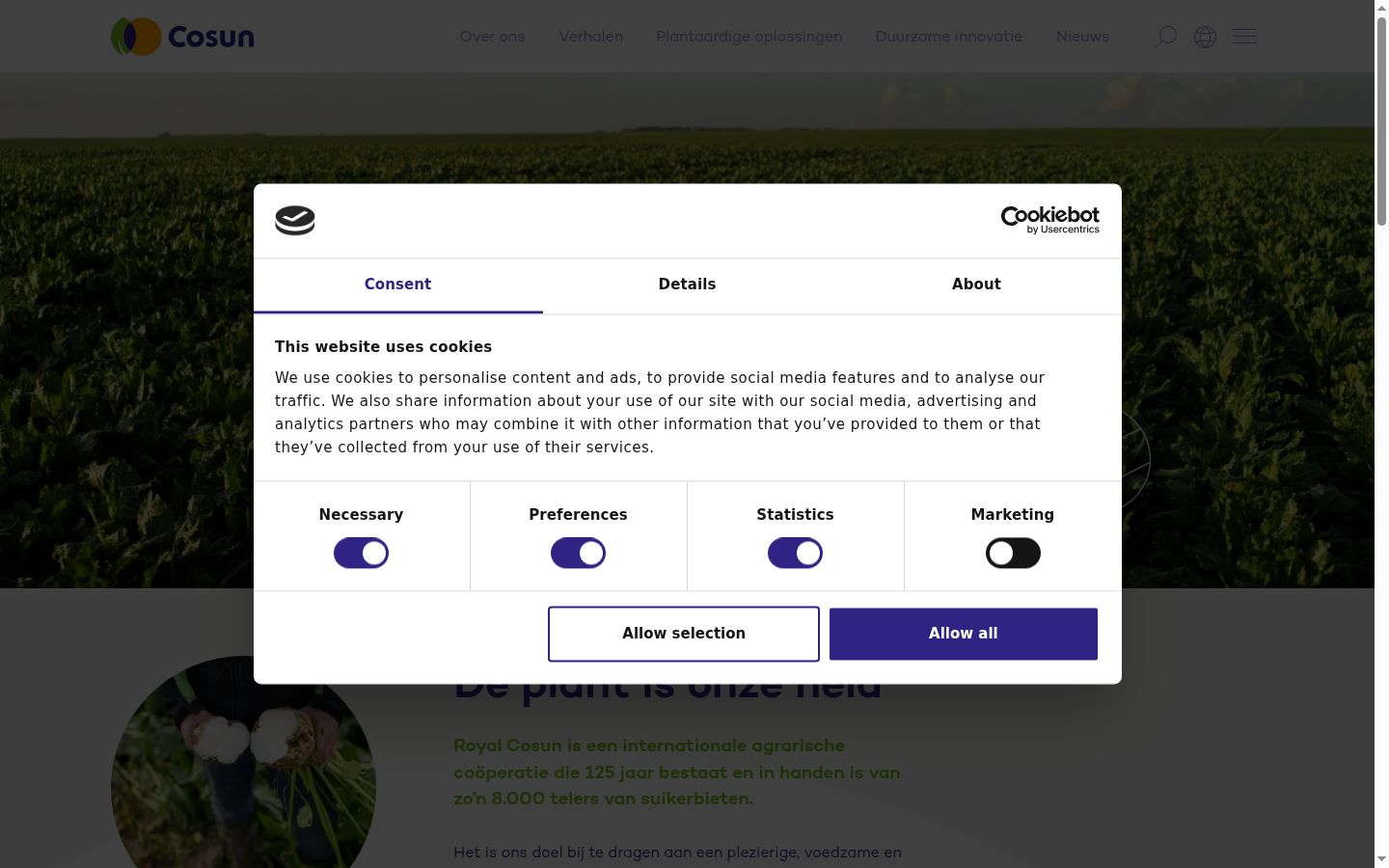 Captura de ecrã do banner de consentimento apresentado antes de qualquer interação