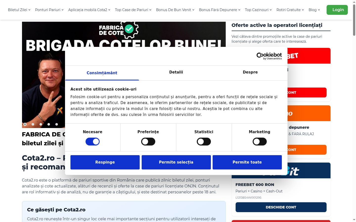 Captură de ecran a bannerului de consimțământ afișat înainte de orice interacțiune