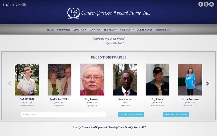 Screenshot of coultergarrisonfuneralhome.com