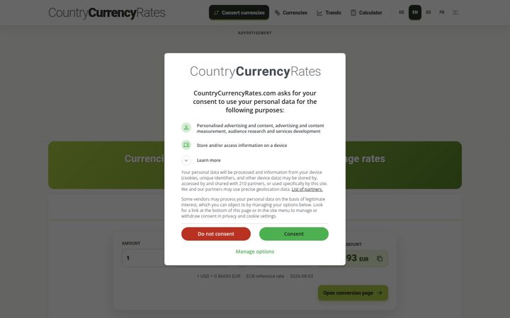 Screenshot of countrycurrencyrates.com