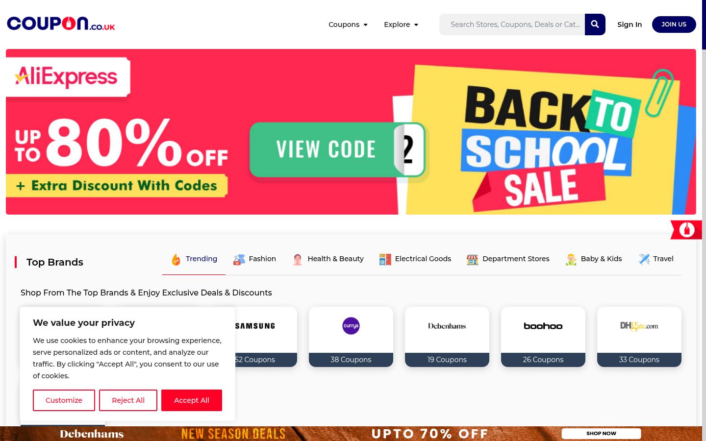 Screenshot del banner di consenso mostrato prima di qualsiasi interazione