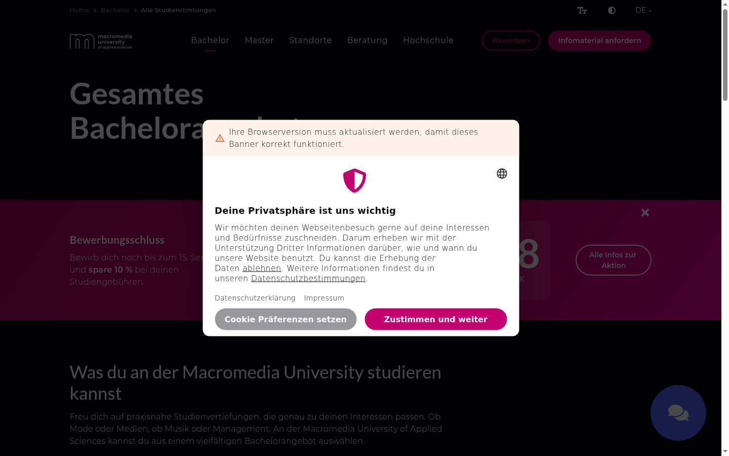Screenshot des Einwilligungsbanners vor jeglicher Interaktion