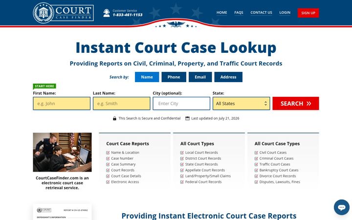 Screenshot van courtcasefinder.com