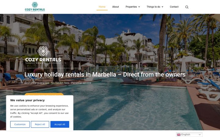 Screenshot of cozyrentalsmarbella.com