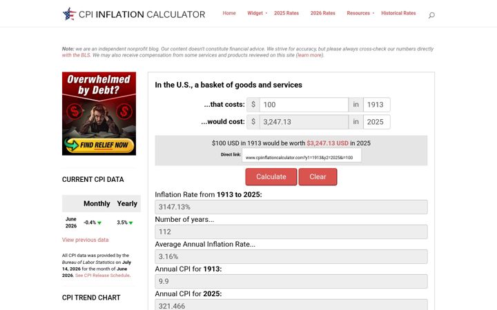 Screenshot of cpiinflationcalculator.com
