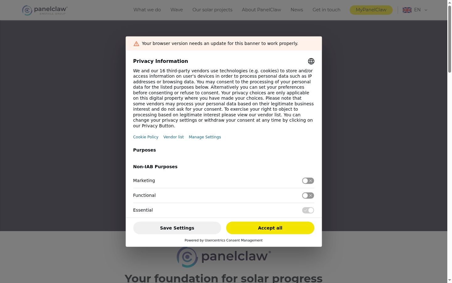 Screenshot del banner di consenso mostrato prima di qualsiasi interazione