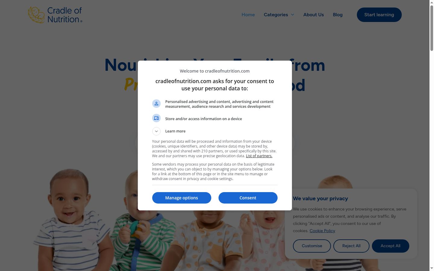 Screenshot del banner di consenso mostrato prima di qualsiasi interazione