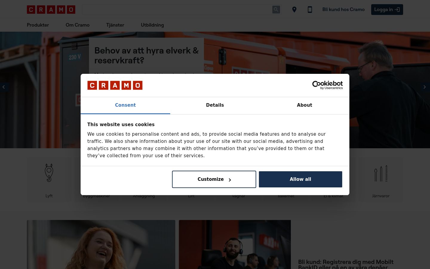 Skjermbilde av samtykkebanneret slik det vises før noen interaksjon
