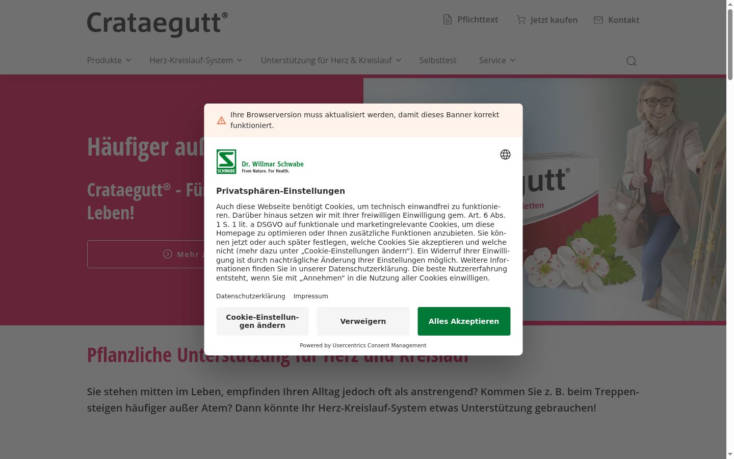 Screenshot des Einwilligungsbanners vor jeglicher Interaktion