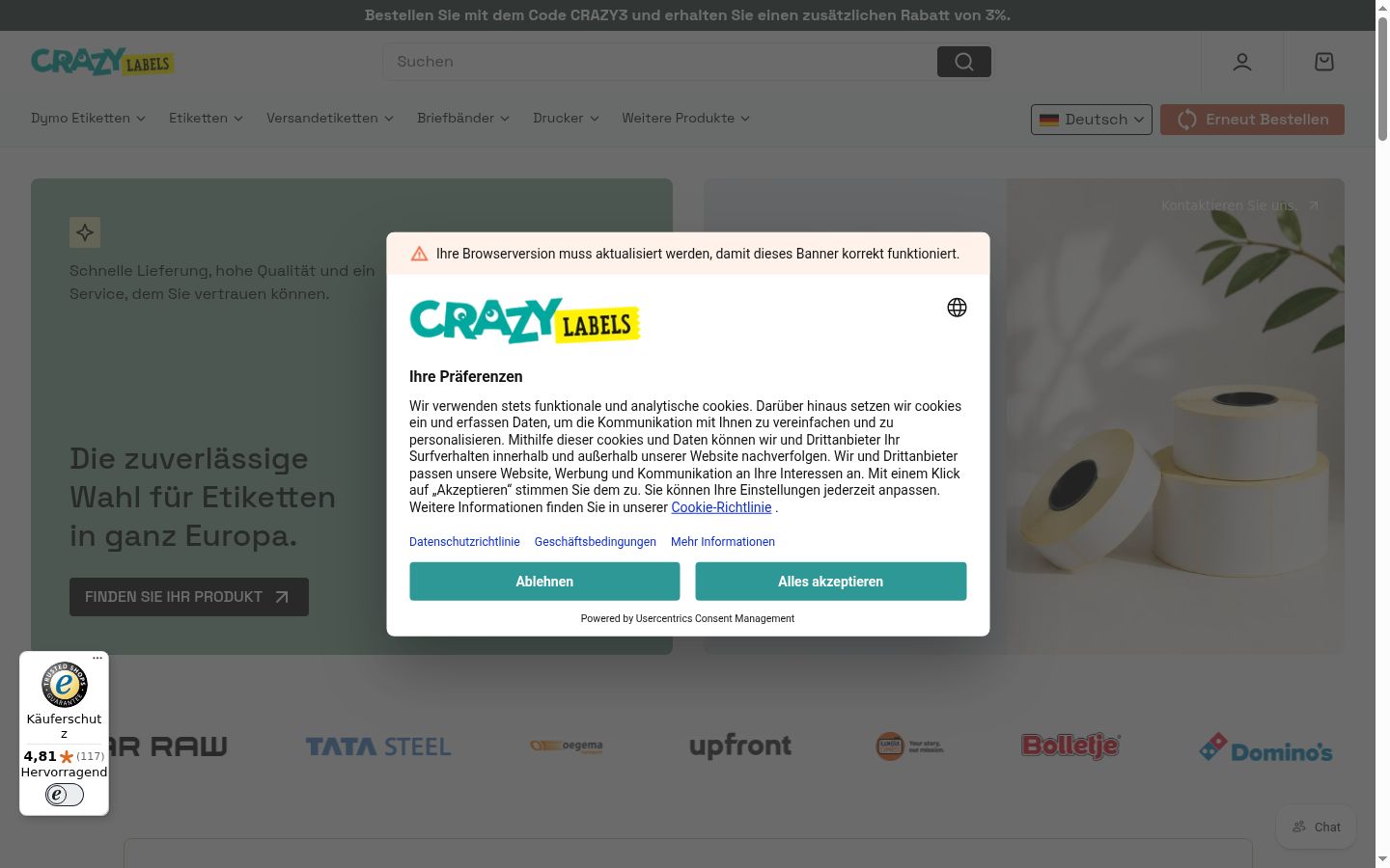 Screenshot del banner di consenso mostrato prima di qualsiasi interazione