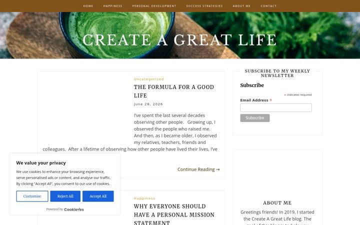 Screenshot of createagreatlifeblog.com