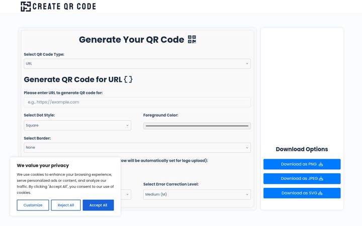 Screenshot of createqrcode.co