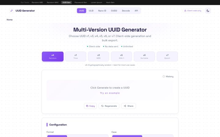 Screenshot of createuuid.com