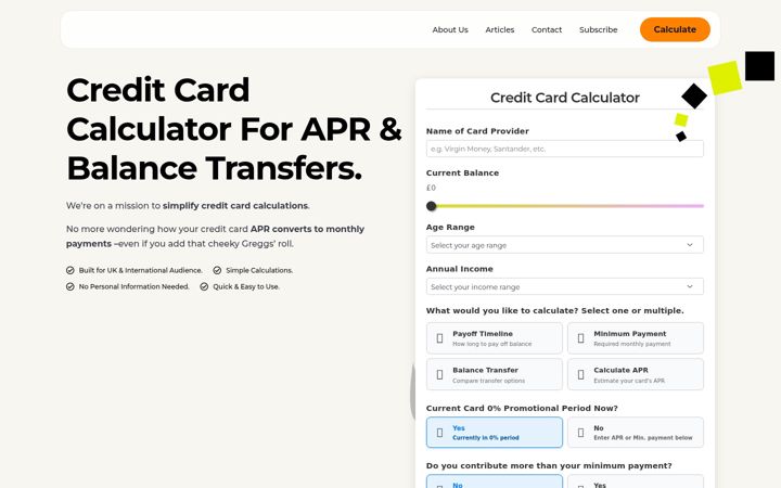 Screenshot ta' creditcardcalculator.co.uk