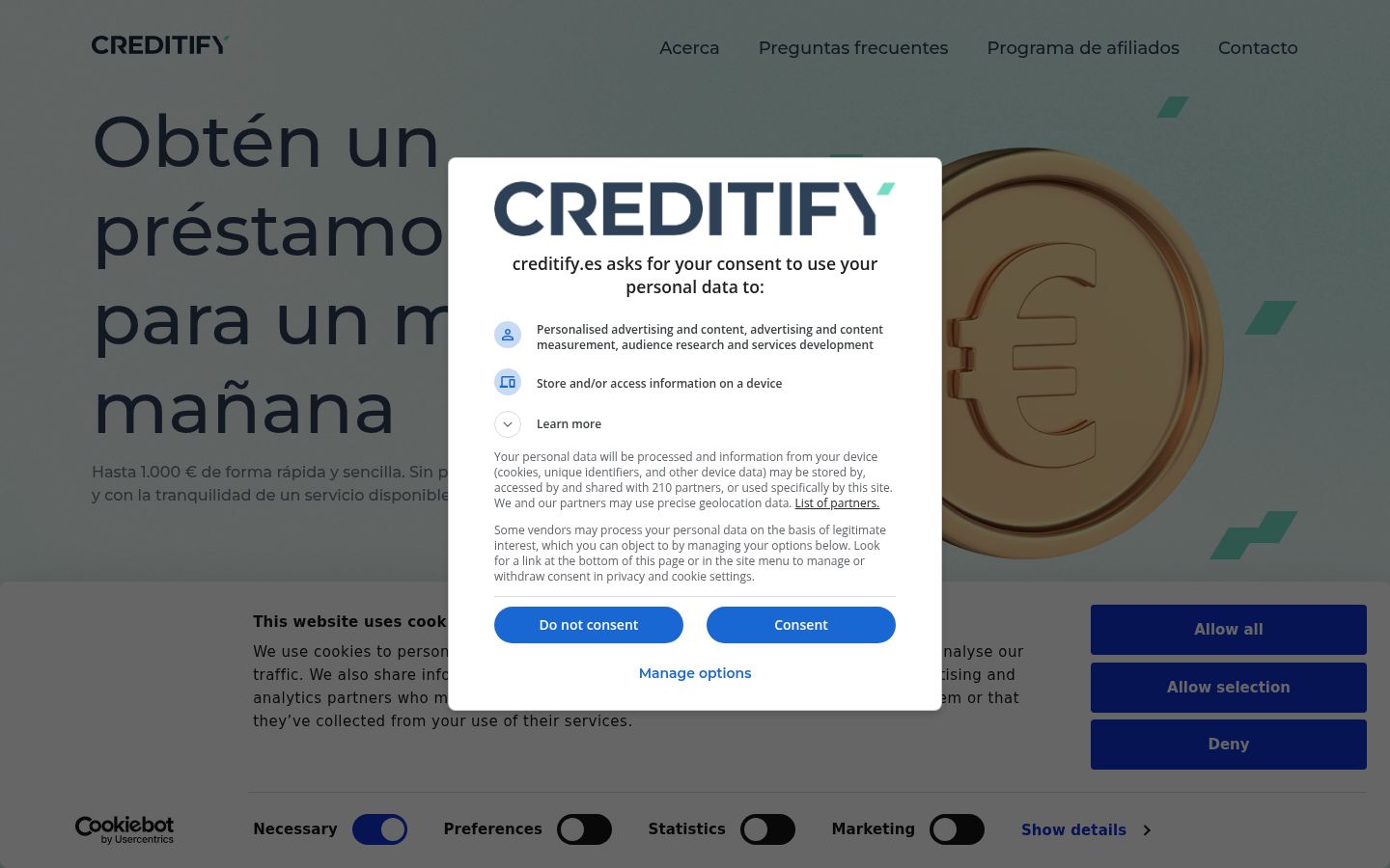 Screenshot del banner di consenso mostrato prima di qualsiasi interazione