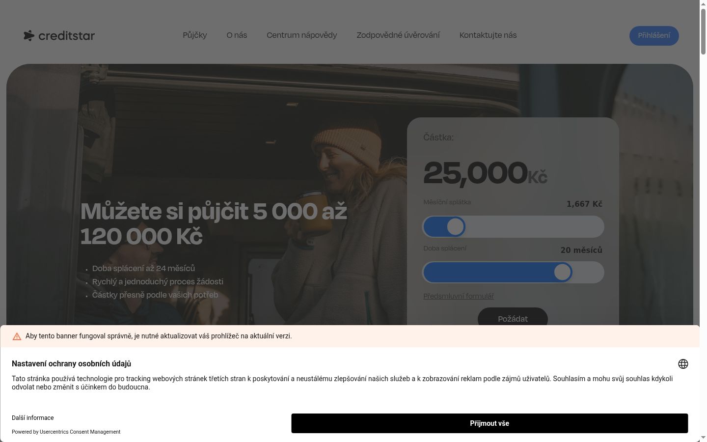 Ekrānuzņēmums ar piekrišanas baneri, kas tika rādīts pirms jebkādas mijiedarbības