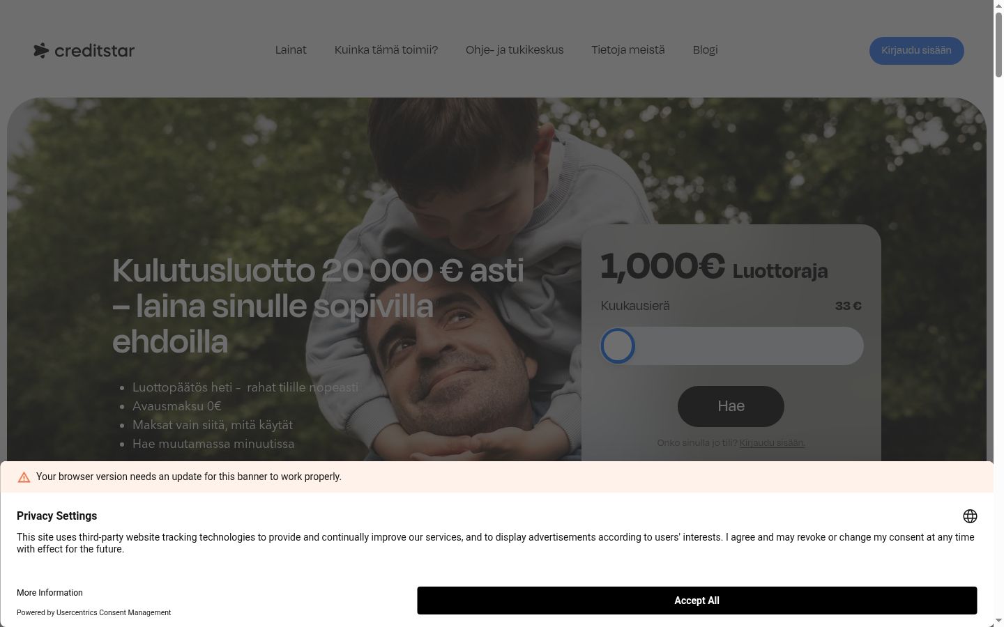 Ekrānuzņēmums ar piekrišanas baneri, kas tika rādīts pirms jebkādas mijiedarbības