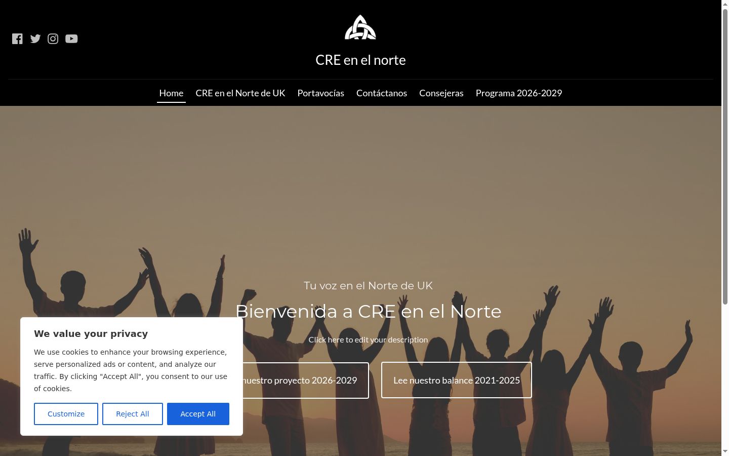 Captura de ecrã do banner de consentimento apresentado antes de qualquer interação