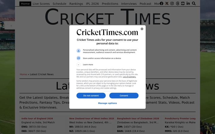 Screenshot of crickettimes.com