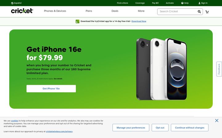Zrzut ekranu cricketwireless.com