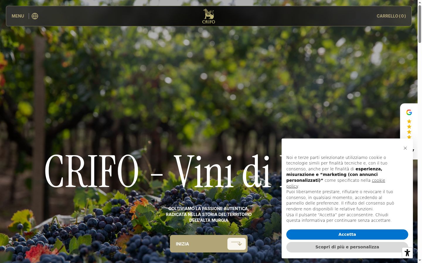Screenshot del banner di consenso mostrato prima di qualsiasi interazione