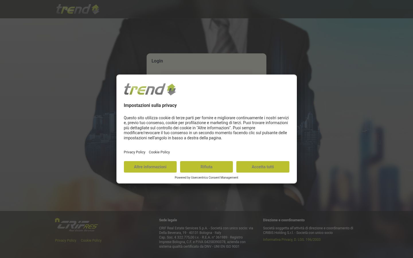 Screenshot del banner di consenso mostrato prima di qualsiasi interazione