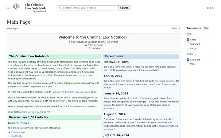 Screenshot of criminalnotebook.ca