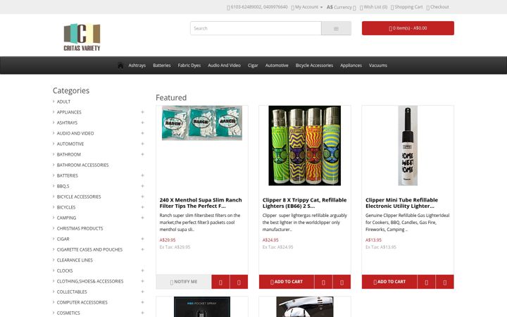 Ekraanipilt saidist critasvarietyproducts.com.au