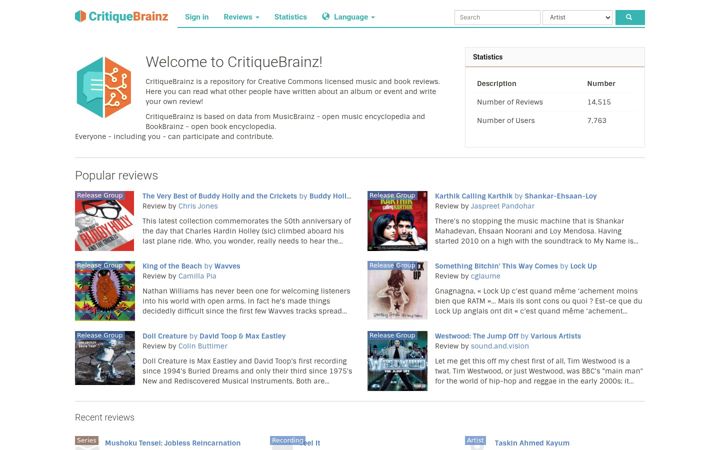 Screenshot of critiquebrainz.org