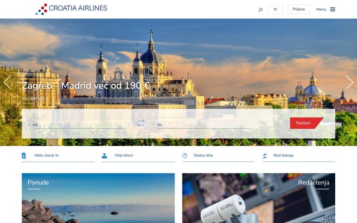 Snimka zaslona za croatiaairlines.hr