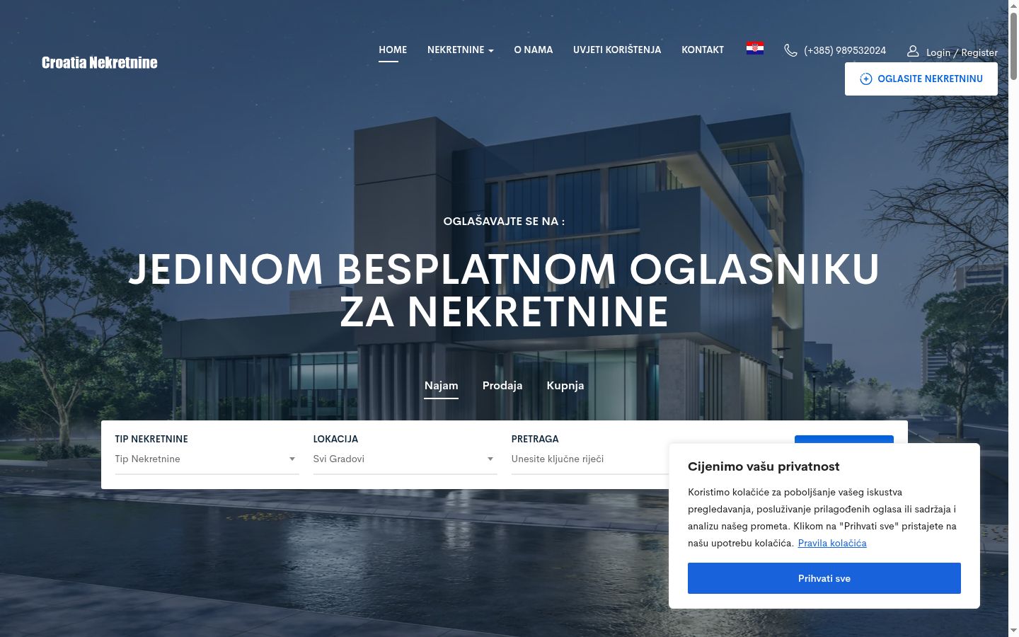 Snimka zaslona bannera za privolu prikazanog prije bilo kakve interakcije