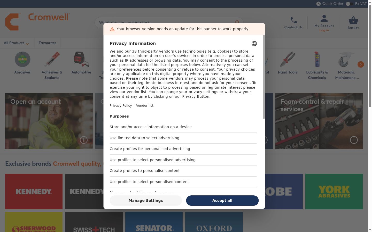 Screenshot del banner di consenso mostrato prima di qualsiasi interazione