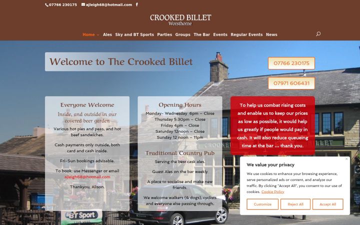 Screenshot ta' crookedbilletworsthorne.co.uk