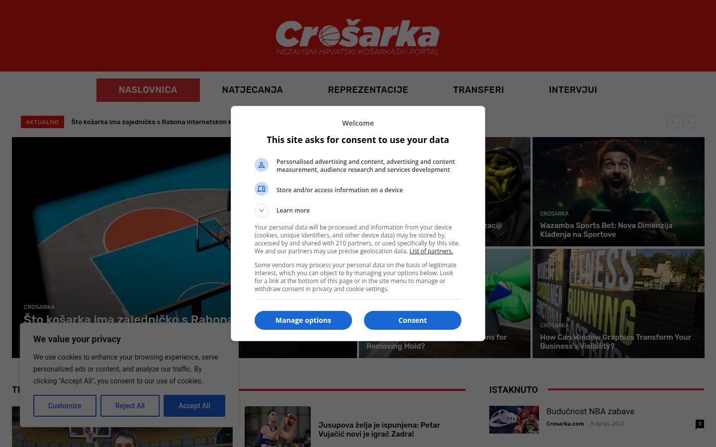 Snímek obrazovky baneru souhlasu zobrazeného před jakoukoli interakcí