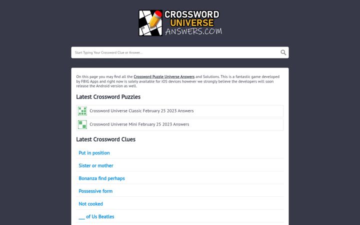 Screenshot of crossworduniverseanswers.com