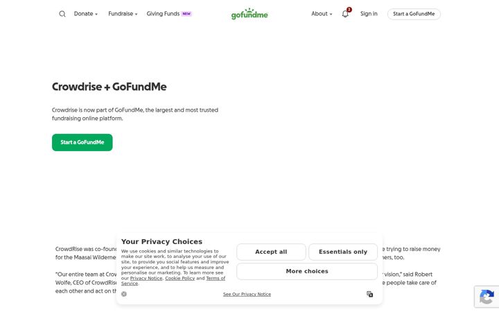 Екранна снимка на crowdrise.com