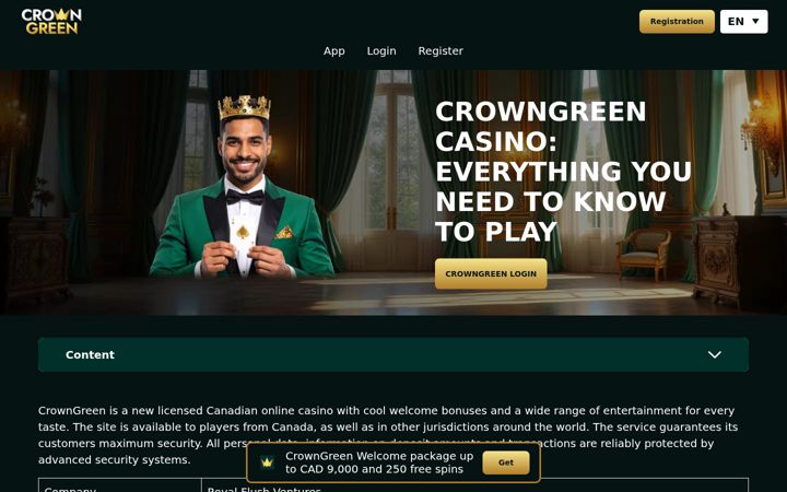 Screenshot of crowngreencasino-ca.com