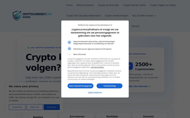 Ekrano kopija cryptocurrencylivekoers.nl