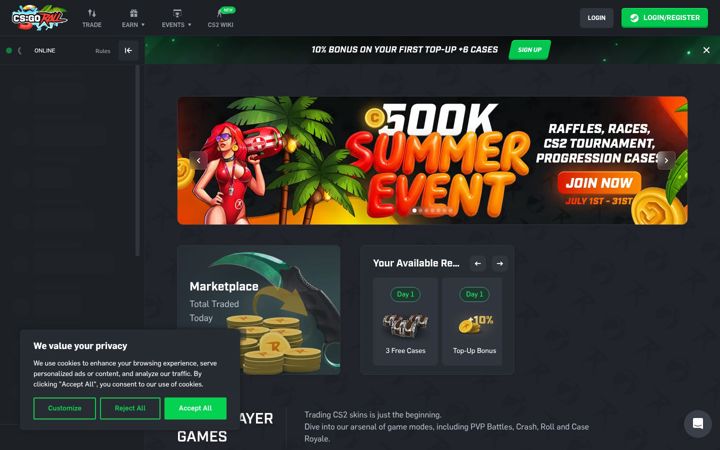 Snímek obrazovky csgoroll.com