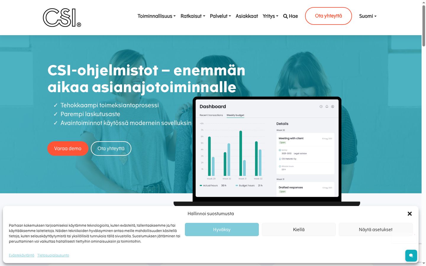 Kuvakaappaus suostumusbannerista, joka näytettiin ennen mitään vuorovaikutusta