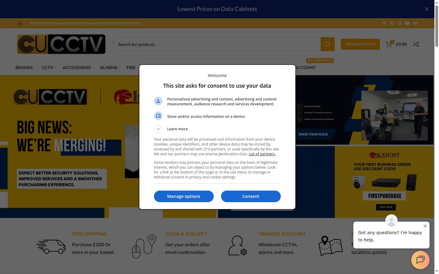 Screenshot del banner di consenso mostrato prima di qualsiasi interazione