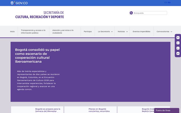 Skärmbild av culturarecreacionydeporte.gov.co