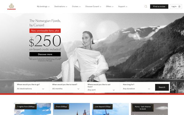 Skærmbillede af cunard.com