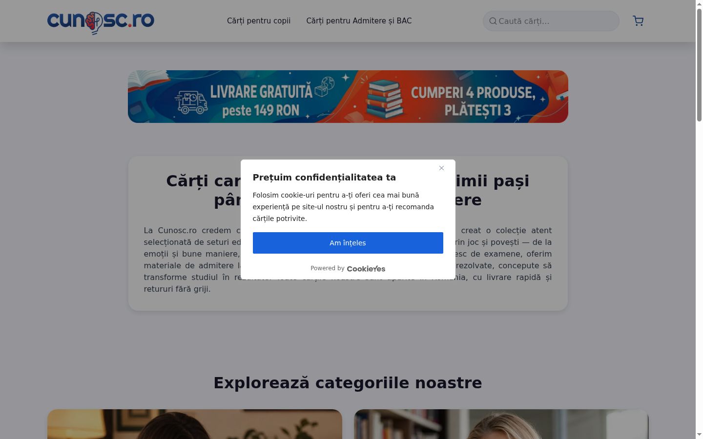 Captură de ecran a bannerului de consimțământ afișat înainte de orice interacțiune