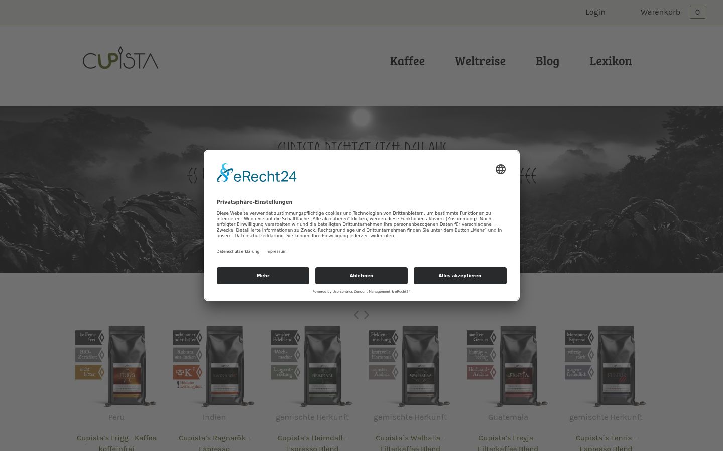 Screenshot des Einwilligungsbanners vor jeglicher Interaktion