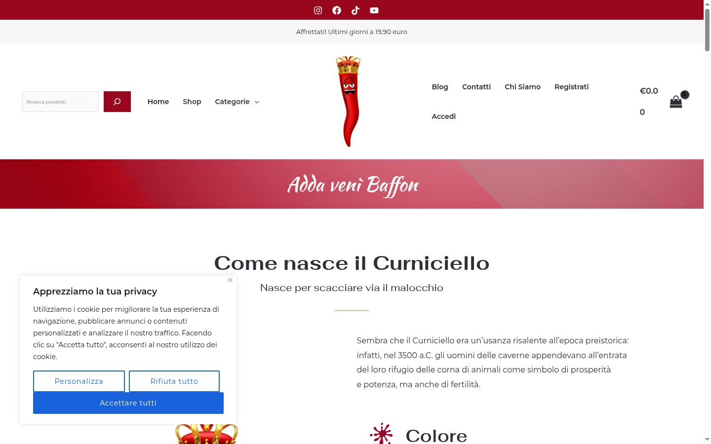 Screenshot del banner di consenso mostrato prima di qualsiasi interazione