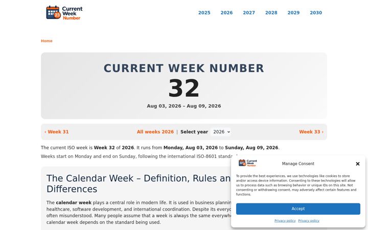 Screenshot of currentweeknumber.org