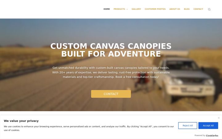 Snímek obrazovky custombuiltcanvascanopies.co.za