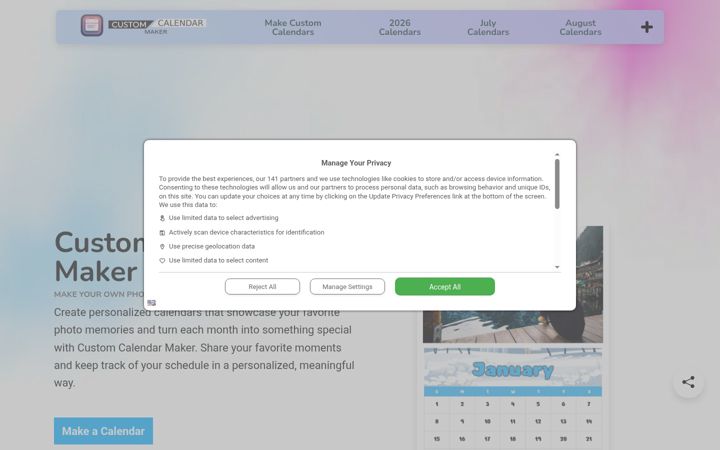 Screenshot of customcalendarmaker.com