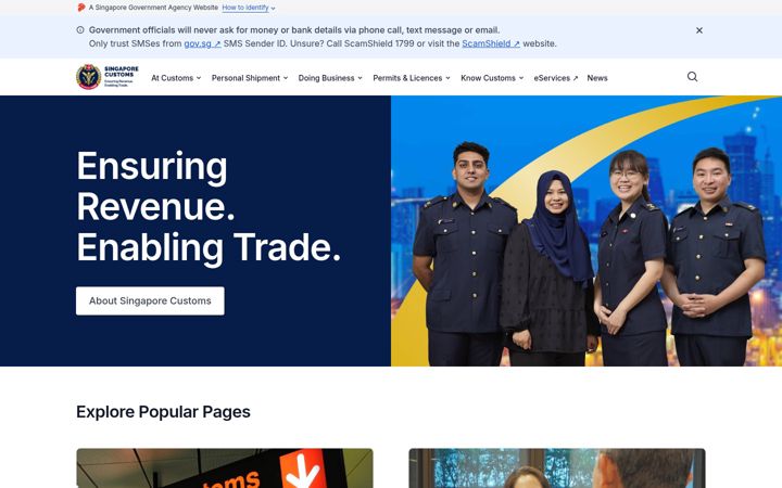 Screenshot of customs.gov.sg
